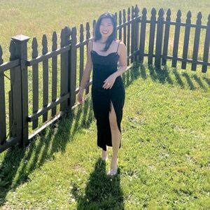 Zara draped midi black dress with corset/cowl top adjustable high slit sz XS